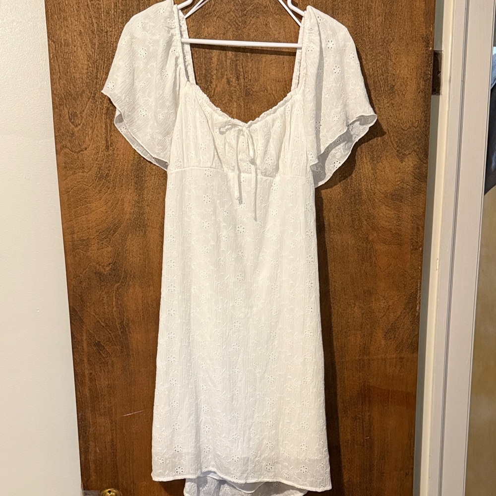 White Eyelet Dress with Flutter Sleeves and Tie-Back